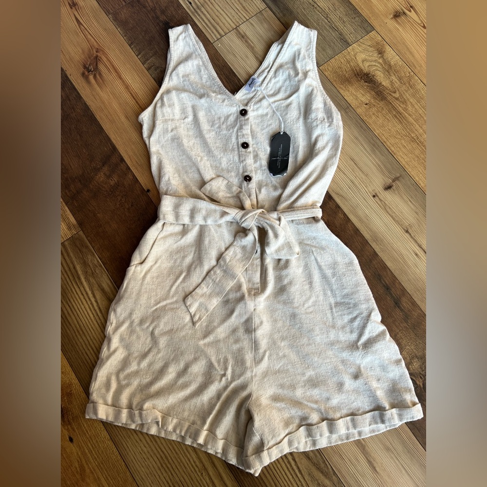 Sleeveless Cream Tie-Waist Linen-Blend Romper